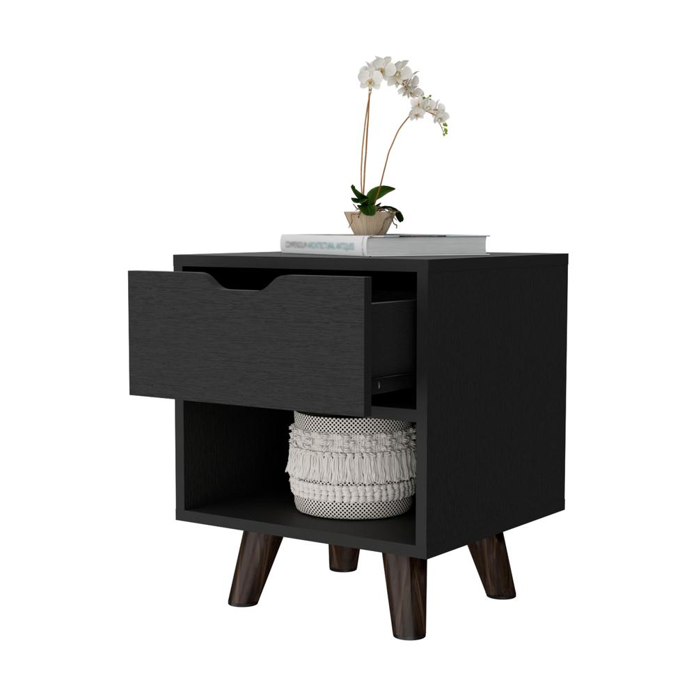 Nightstand with Spacious Drawer, Open Storage Shelf and Chic Wooden Legs, Black. Picture 4