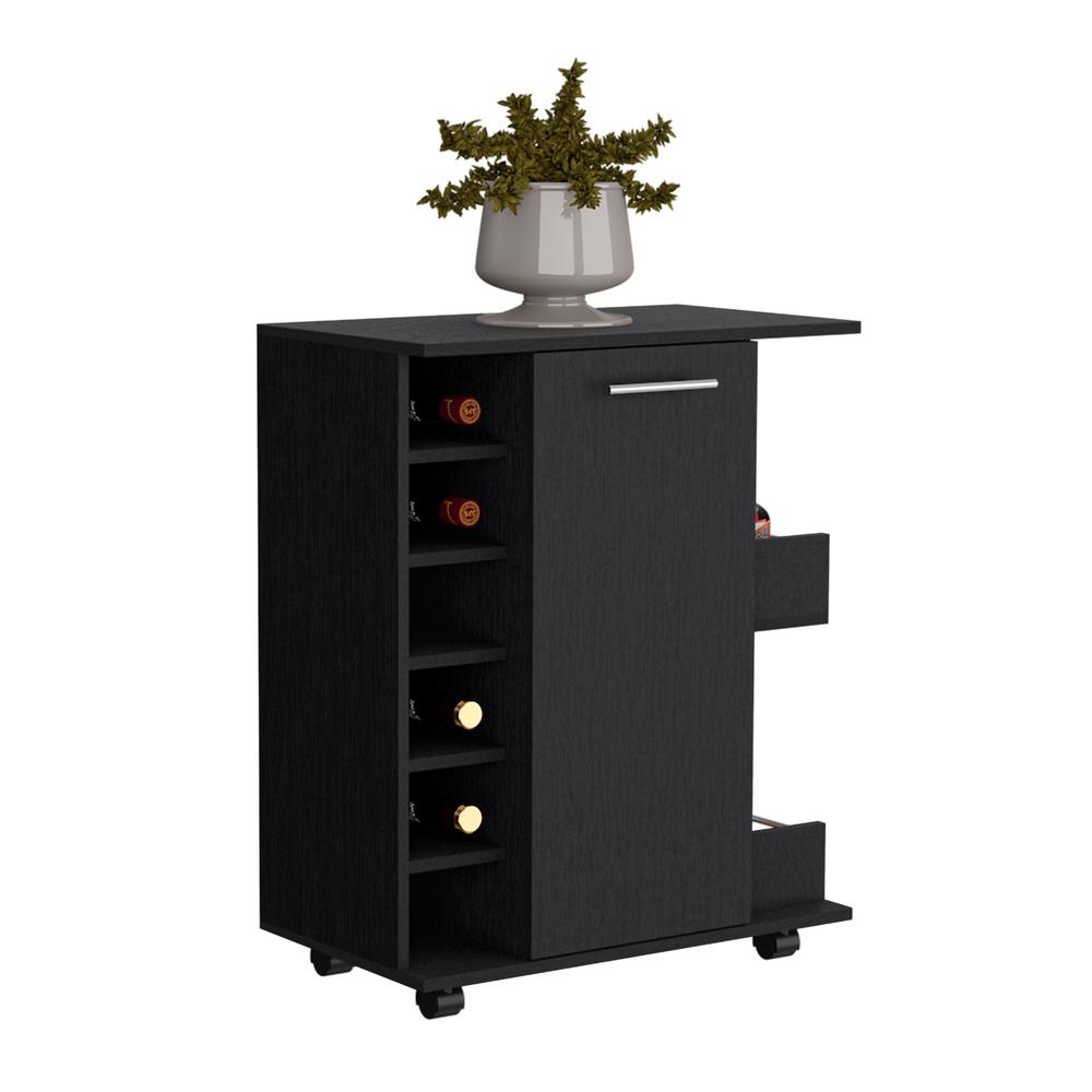 Bar Cart with 6-Built in Bottle Racks, Casters and 2-Open Side Shelves, Black. Picture 3