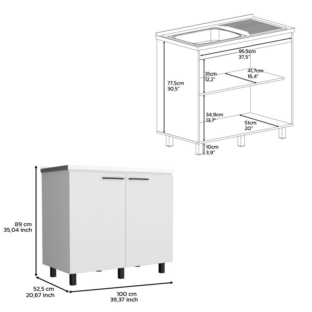 DEPOT E-SHOP Salento 2 Freestanding Utility Base Cabinet with Stainless Steel Countertop and 2-Door, White. Picture 4