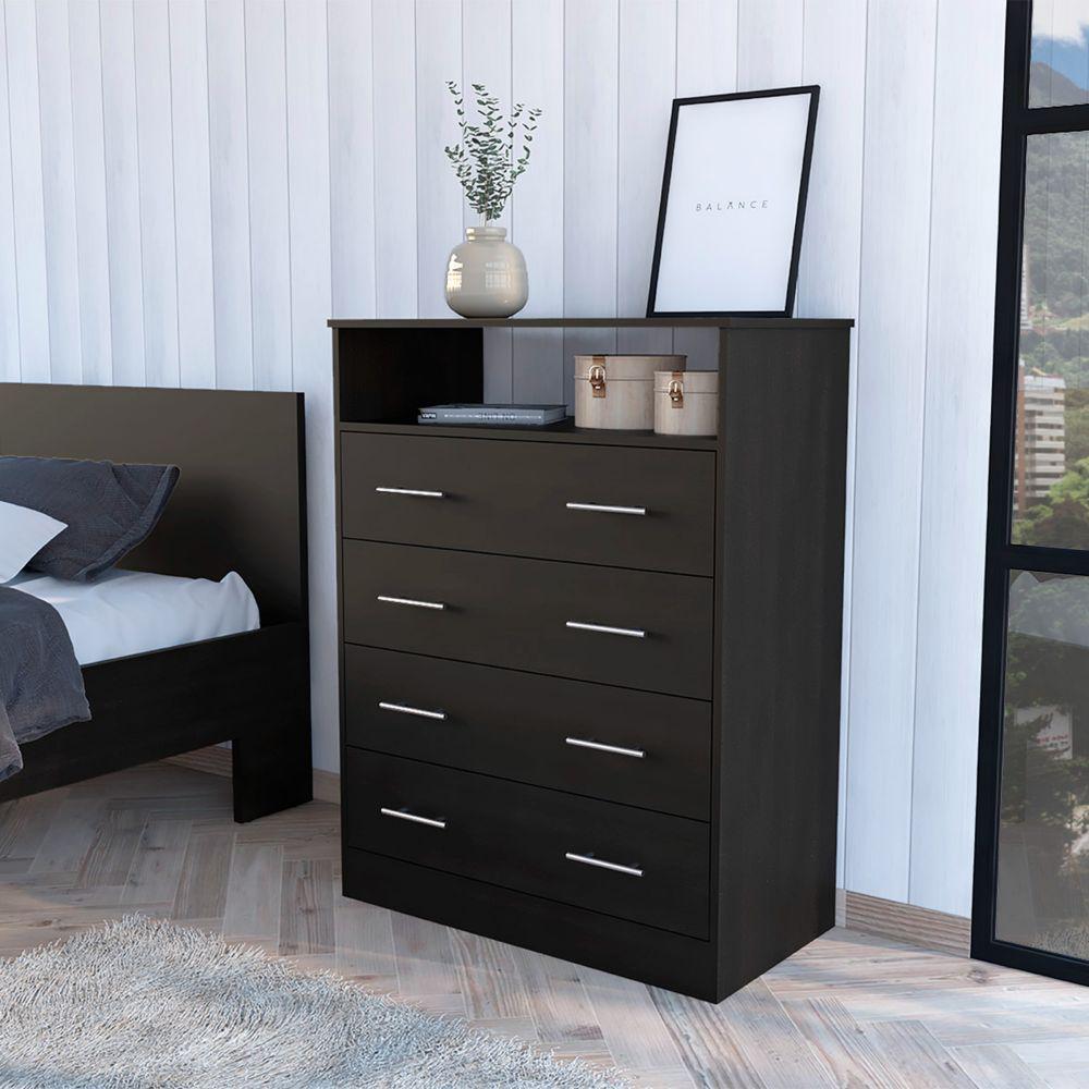 DEPOT E-SHOP Serbian Four Drawer Dresser, Countertop, One Open Shelf, Four Drawers-Black, For Bedroom. Picture 1