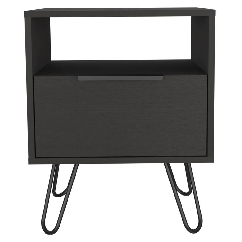DEPOT E-SHOP Begonia Night Stand-Two Shelves, One-Door Drawer, Four Steel Legs-Black, For Bedroom. Picture 2
