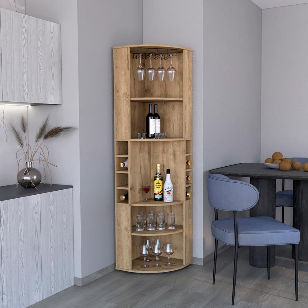 Agra 71" Corner Bar Cabinet with Five Shelves, Eight Bottle Cubbies and Stemware. Picture 6