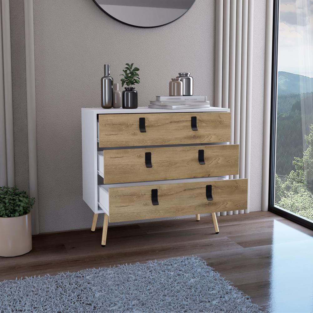 Toka 3 Drawers Dresser with Handles and Wooden Legs, White / Macadamia -Bedroom. Picture 6