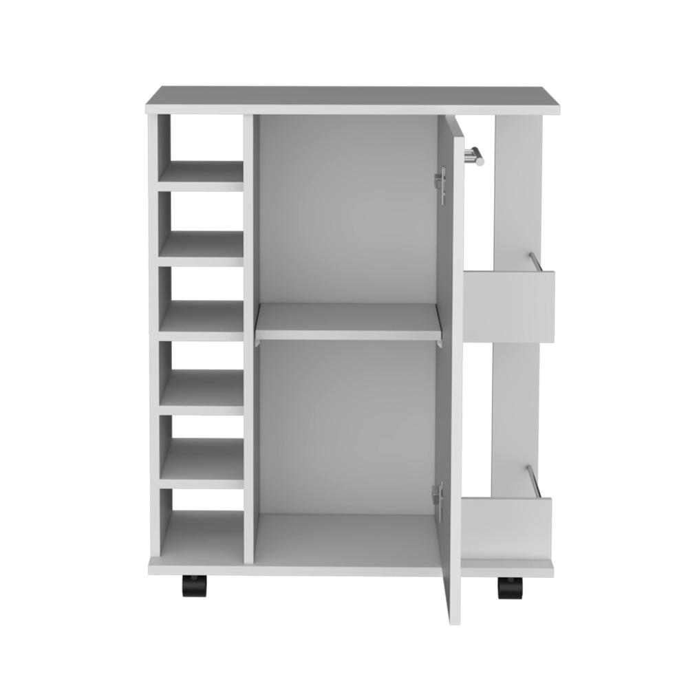 Bar Cart with 6-Built in Bottle Racks, Casters and 2-Open Side Shelves, White. Picture 2