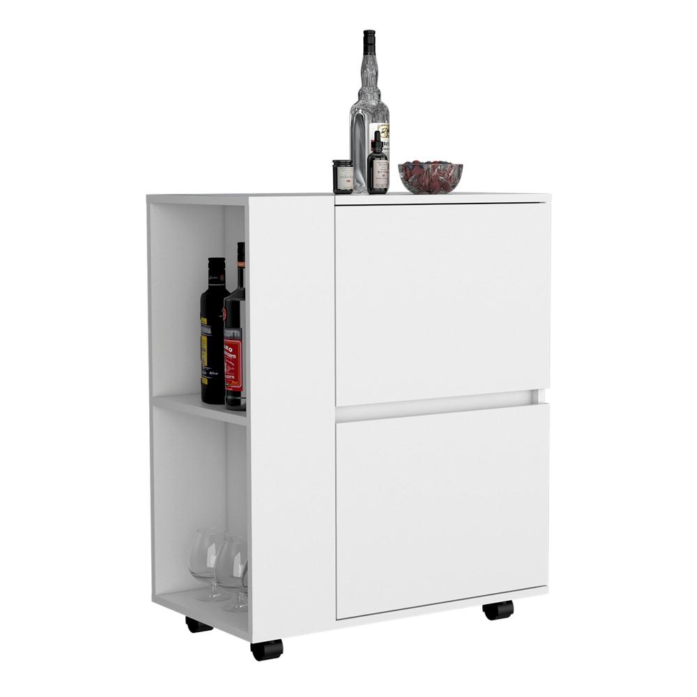 Tully Bar Cart Two Pull-Down Door Cabinets and Two Open Shelves,White. Picture 4
