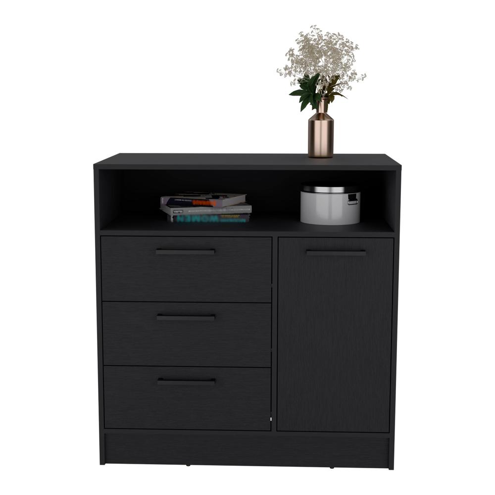 Dresser with Spacious 3-Drawer and Single-Door Storage Cabinet, Black. Picture 2