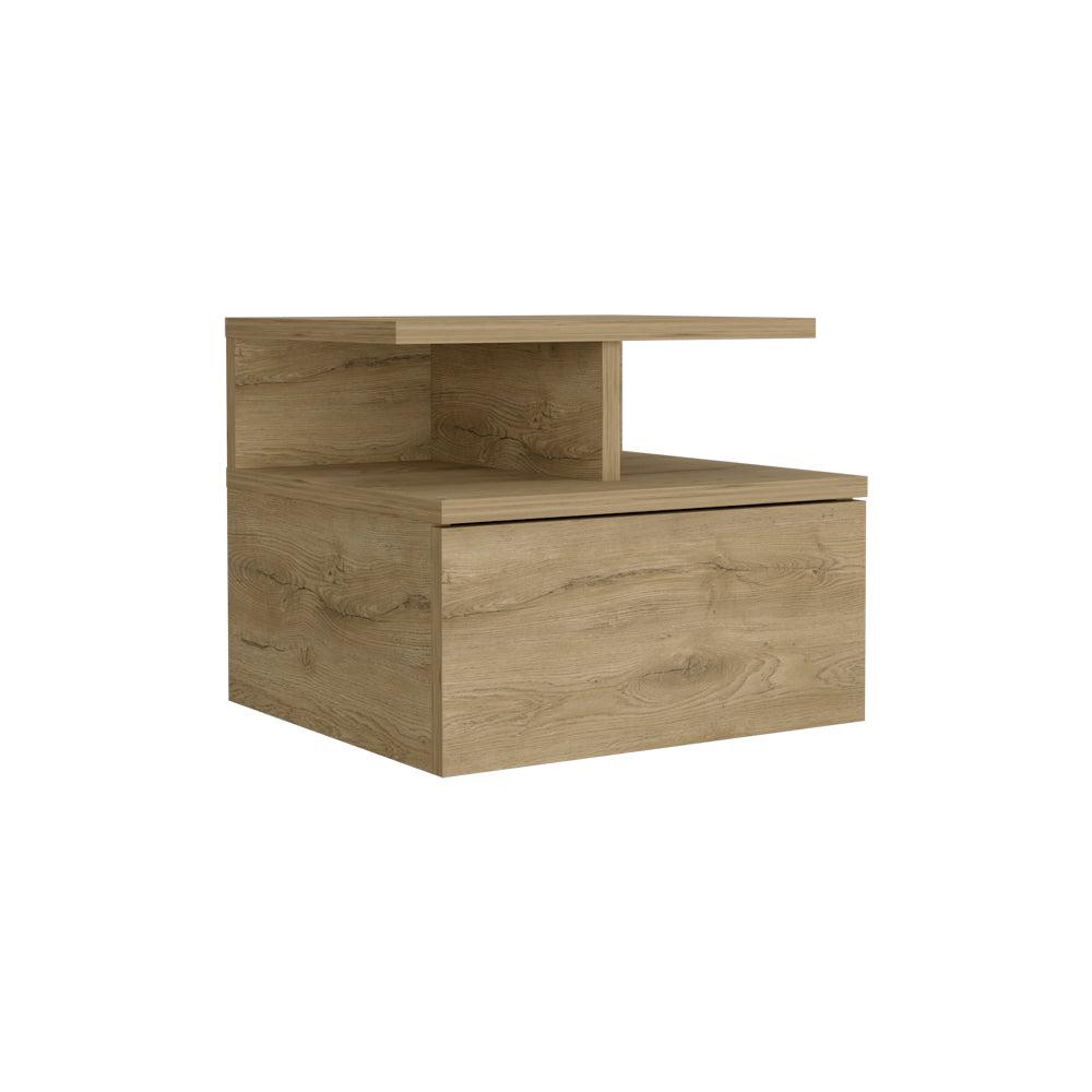 Nightstand, Wall Mounted with Single Drawer and 2-Tier Shelf, Macadamia. Picture 1