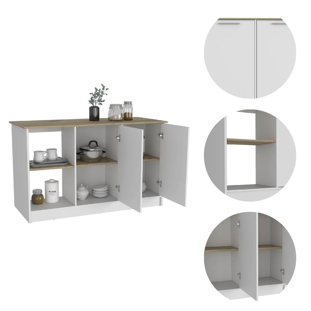 DEPOT E-SHOP Coral Kitchen Island, Two Cabinets, Countertop, Four Open Shelves-Light Oak/White, For Bathroom. Picture 3