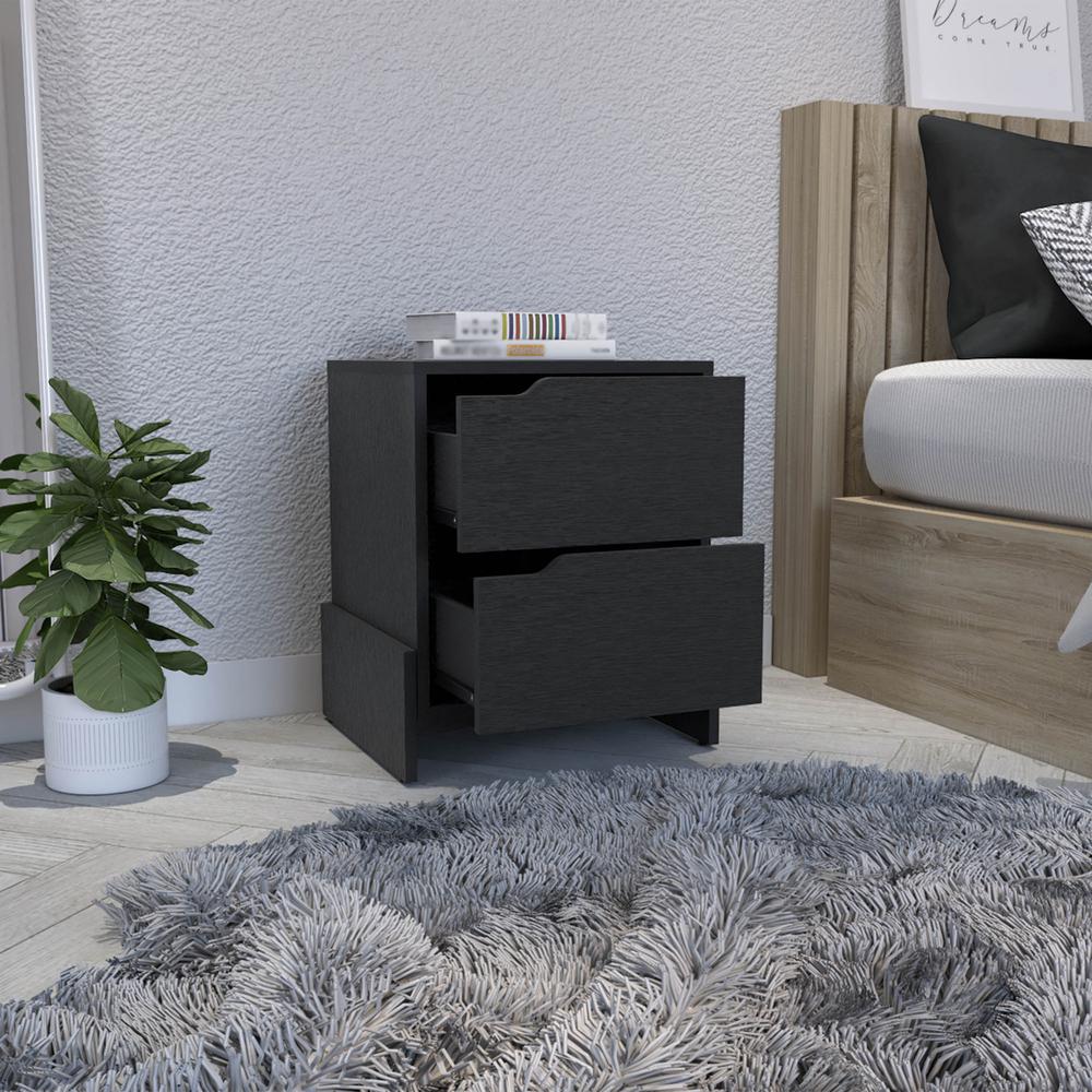 Haines Nightstand with 2-Drawers, End Table with Sturdy Base, Black. Picture 4