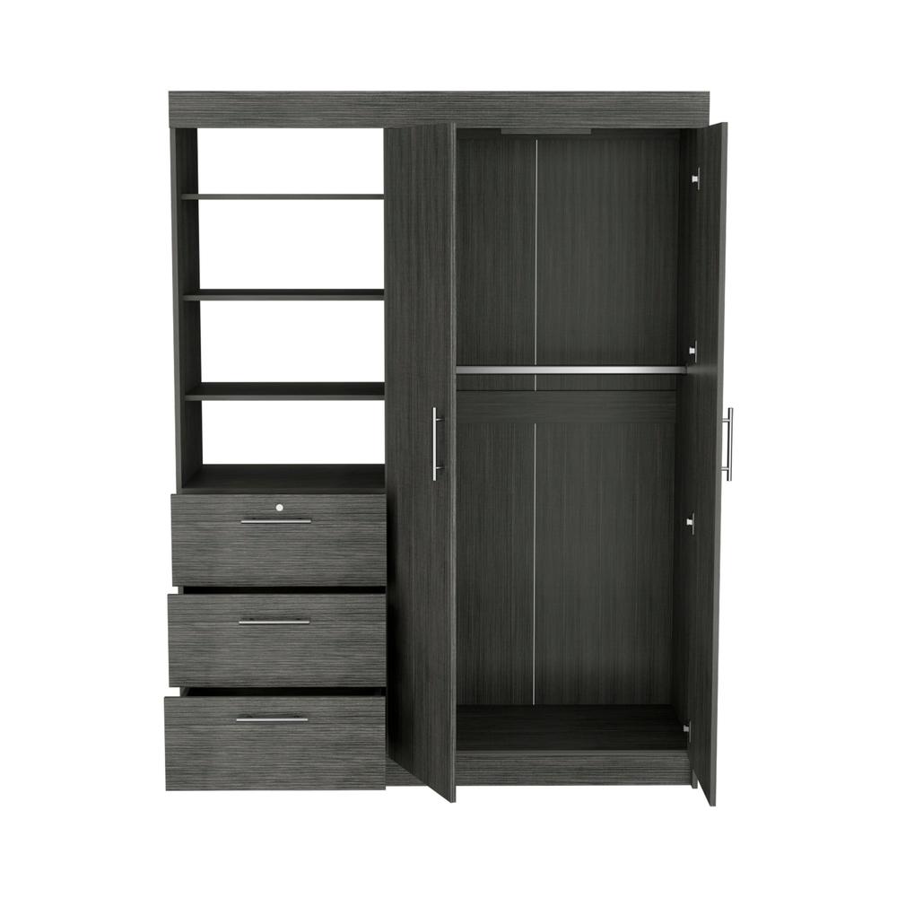 Laurel 3-Tier Shelf and Drawers Armoire with Metal Handles, Smokey Oak -Bedroom. Picture 2