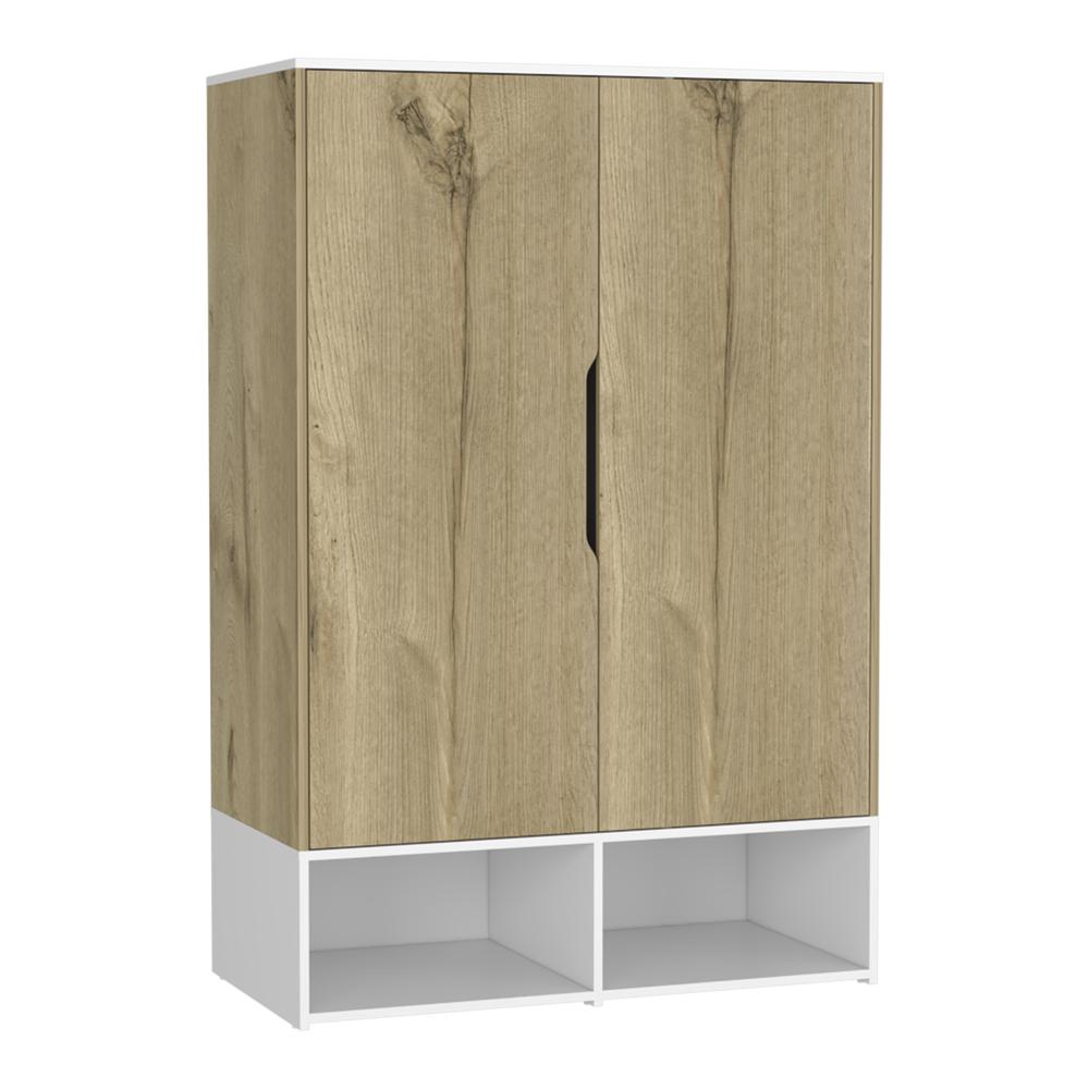 DEPOT E-SHOP Bamboo Armoire-Two Doors, Five Shelves, Hanging Rod, Two Open Shelves-Light Oak/White, For Bedroom. Picture 2