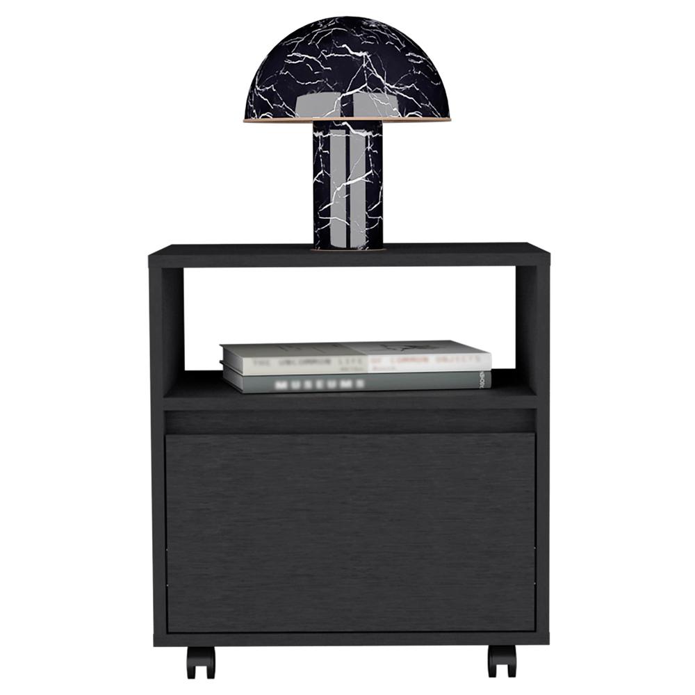 DEPOT E-SHOP Wasilla Nightstand with Open Shelf, 1 Drawer and Casters, Black. Picture 2