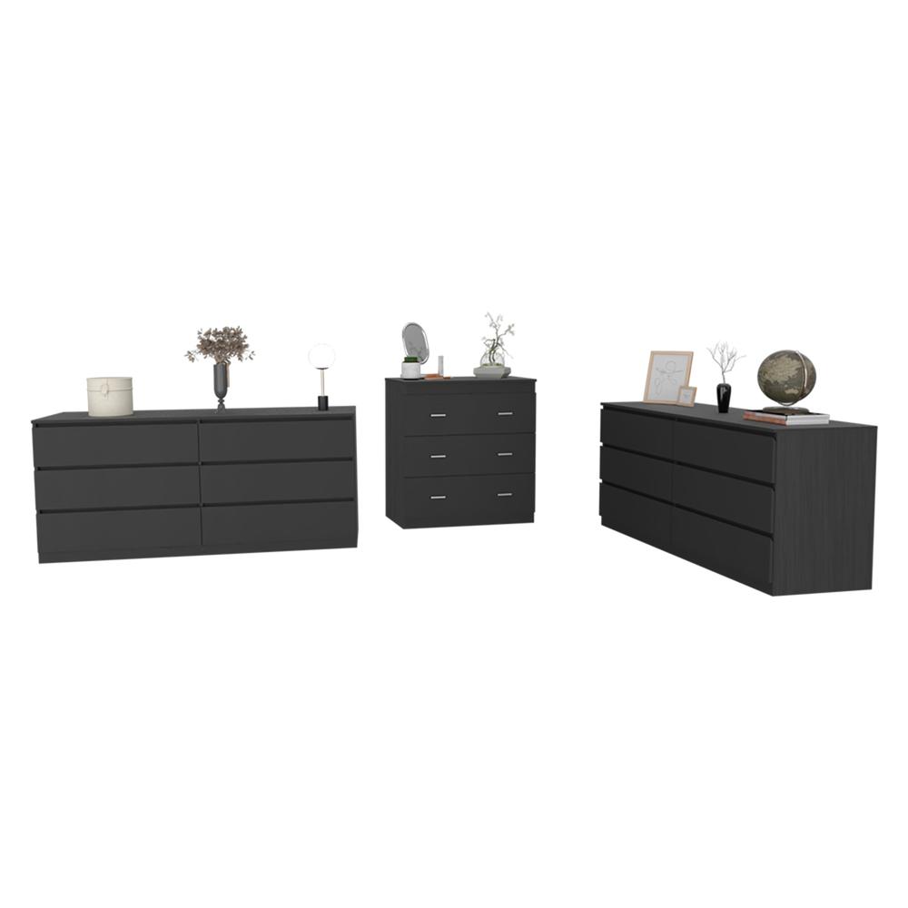 Medway 3 Piece Bedroom Set, 2 Cocora 6 Drawer Dressers + Capri Dresser, Black. Picture 1