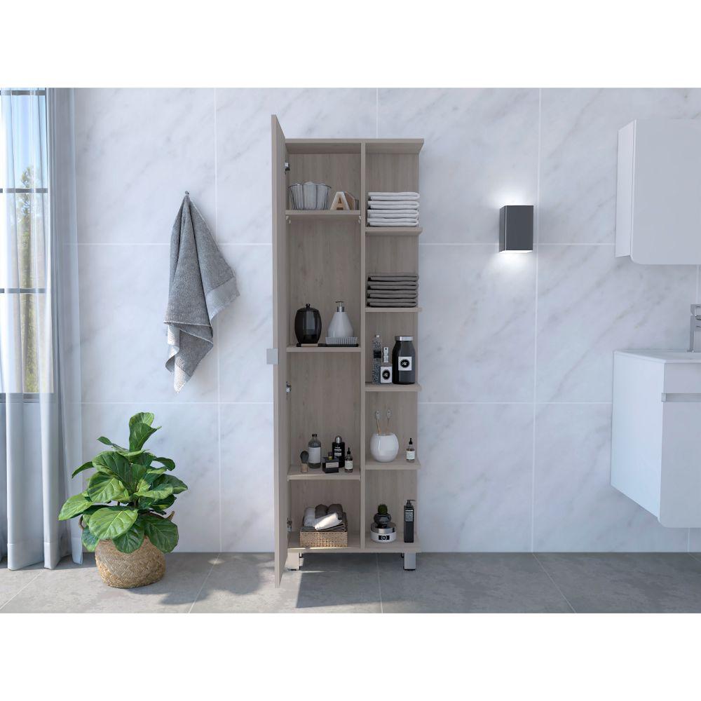 DEPOT E-SHOP Venus Linen Cabinet, Five External Shelves, Four Legs, One Door, Four Internal Shelves, Light Grey, For Bathroom. Picture 5