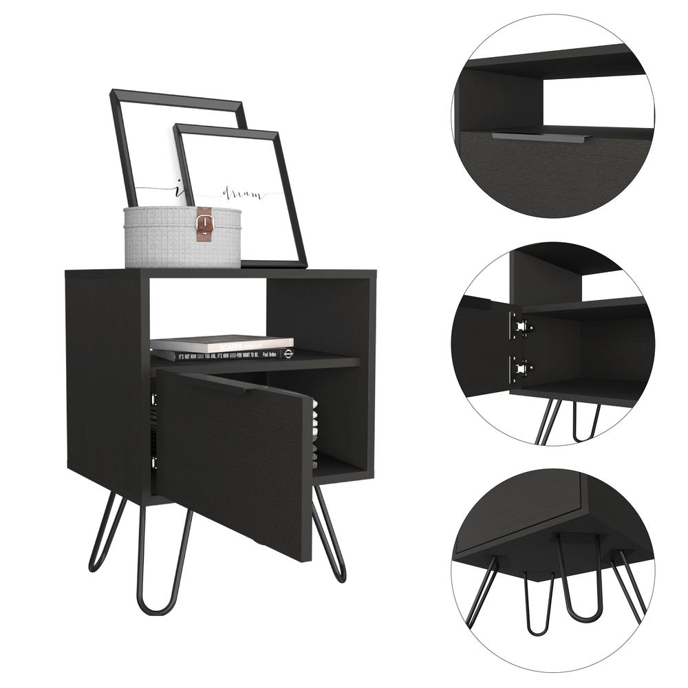DEPOT E-SHOP Begonia Night Stand-Two Shelves, One-Door Drawer, Four Steel Legs-Black, For Bedroom. Picture 3