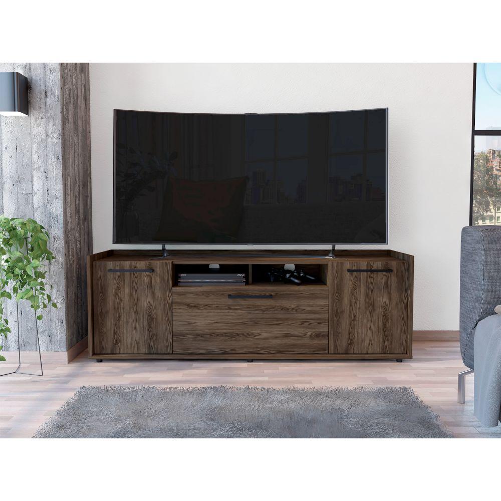 DEPOT E-SHOP Hollywood Tv Stand , Back Holes, Two-Door Cabinets, One Flexible Cabinet- Dark Walnut, For Living Room. Picture 1