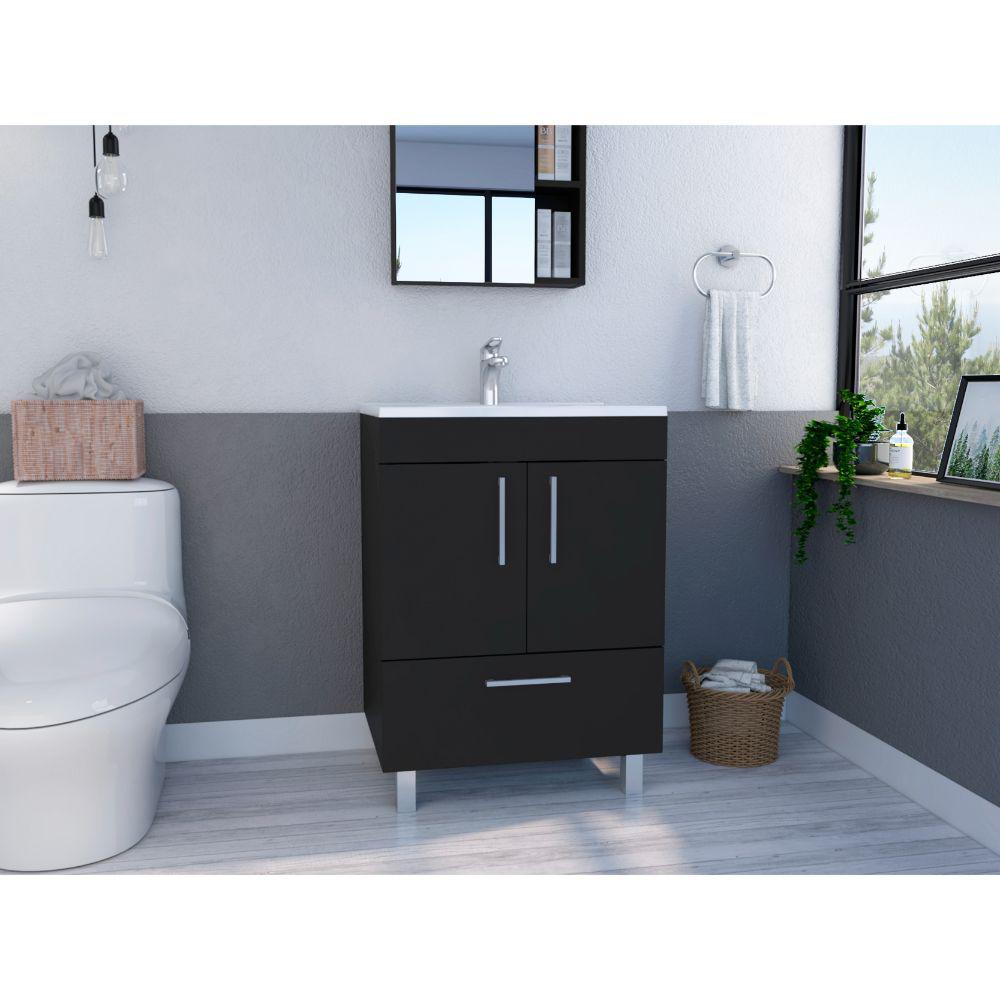 DEPOT E-SHOP Essential Single Bathroom Vanity, One Draw, Two-Door Cabinet, Four Legs-Black, For Bathroom. Picture 1
