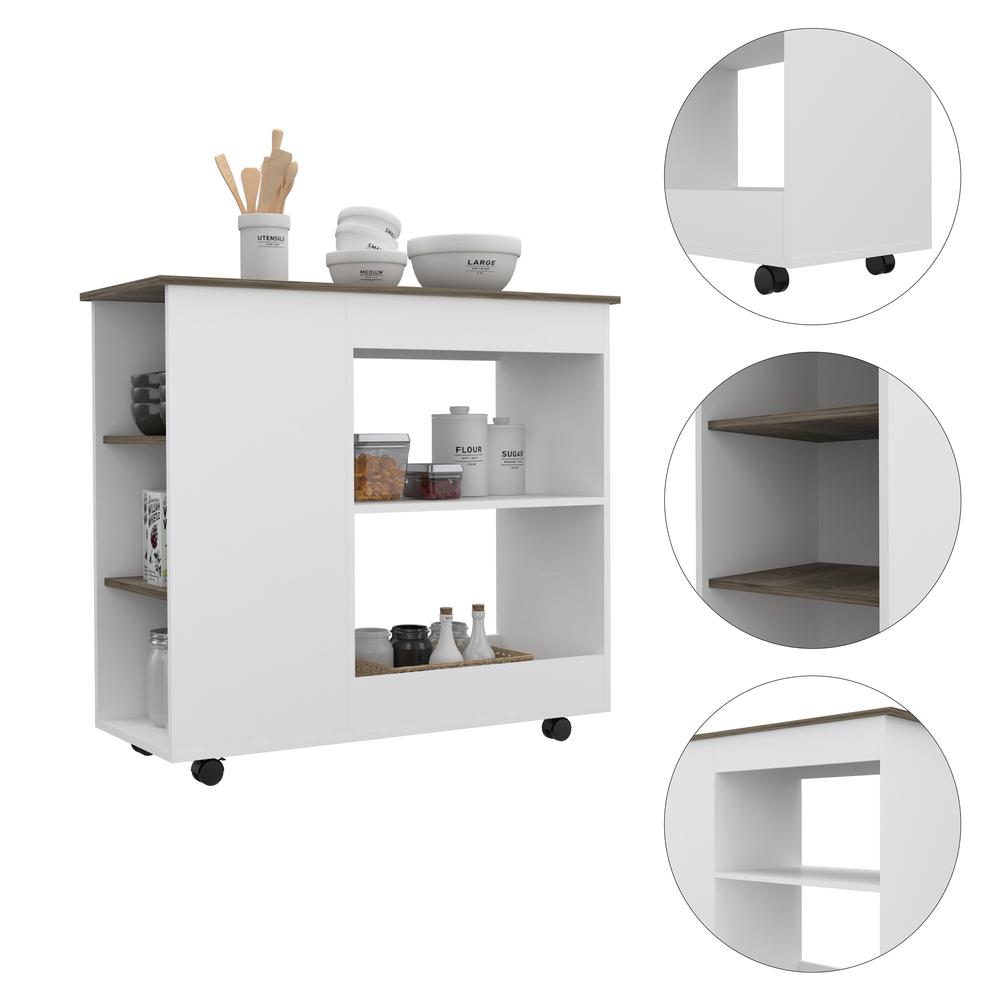 DEPOT E-SHOP Petal Kitchen Cart-Two Storage Shelves, Countertop, Three Lateral Shelves, Four Casters-White/Dark Brown, For Kitchen. Picture 3