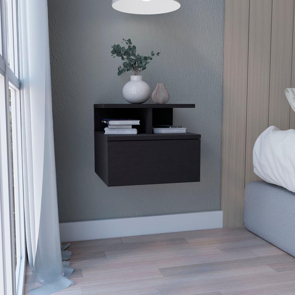 DEPOT E-SHOP Seward Floating Nightstand, Wall Mounted with Single Drawer and 2-Tier Shelf, Black. Picture 5