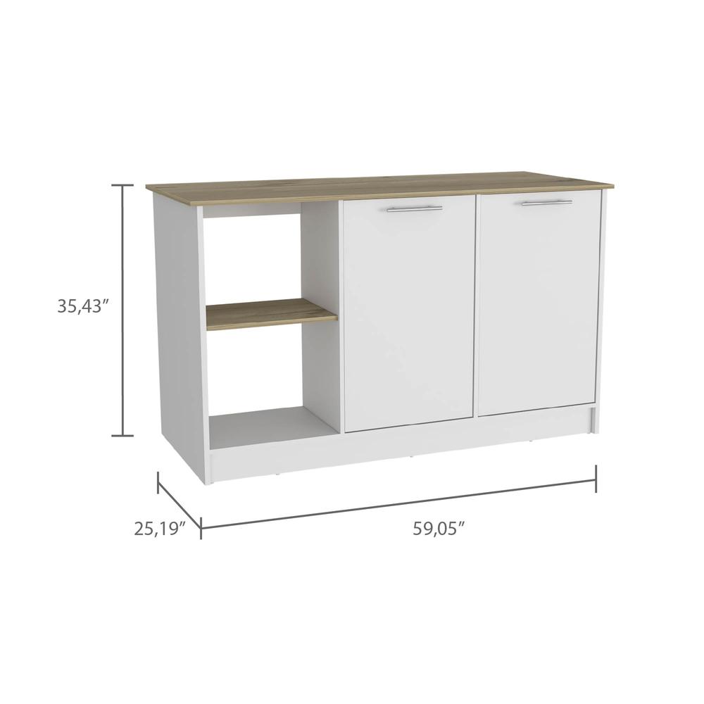 DEPOT E-SHOP Coral Kitchen Island, Two Cabinets, Countertop, Four Open Shelves-Light Oak/White, For Bathroom. Picture 4
