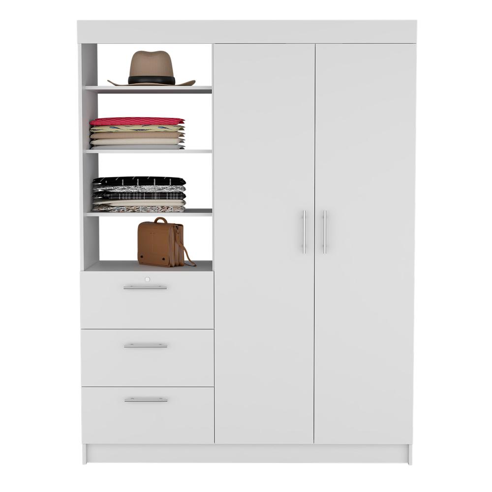 DEPOT E-SHOP Laurel 3-Tier Shelf and Drawers Armoire with Metal Handles, White. Picture 3