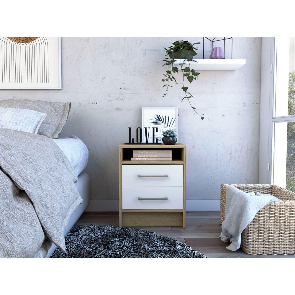 DEPOT E-SHOP Leyva Nightstand, Two Drawers, Countertop White/Light Oak, For Bedroom. Picture 2