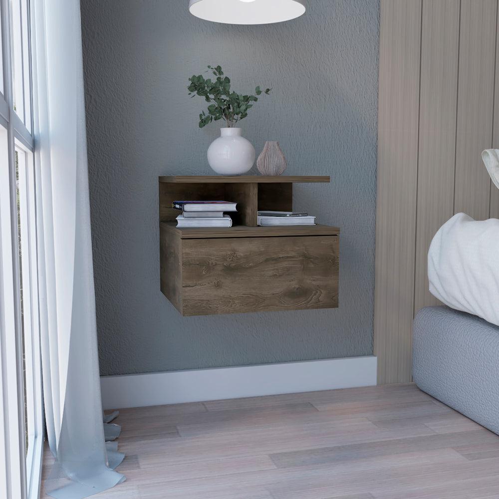 Nightstand, Wall Mounted with Single Drawer and 2-Tier Shelf, Dark Walnut. Picture 7