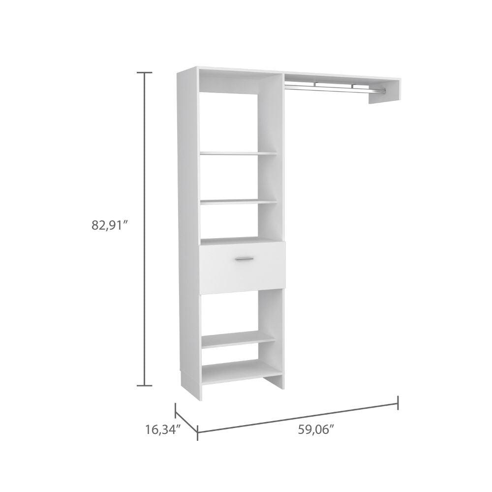 DEPOT E-SHOP Dynamic Closet System, Five Open Shelves, One Drawer, One Metal Rod-White, For Bedroom. Picture 4