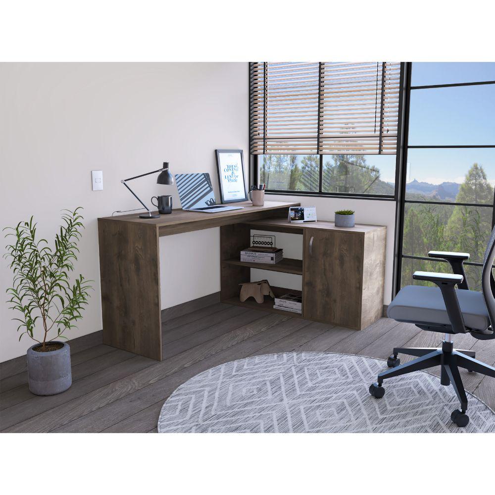 DEPOT E-SHOP Pearl Desk, L-Shaped, One-Door Cabinet, Two Shelves-Dark Brown, For Office. Picture 1