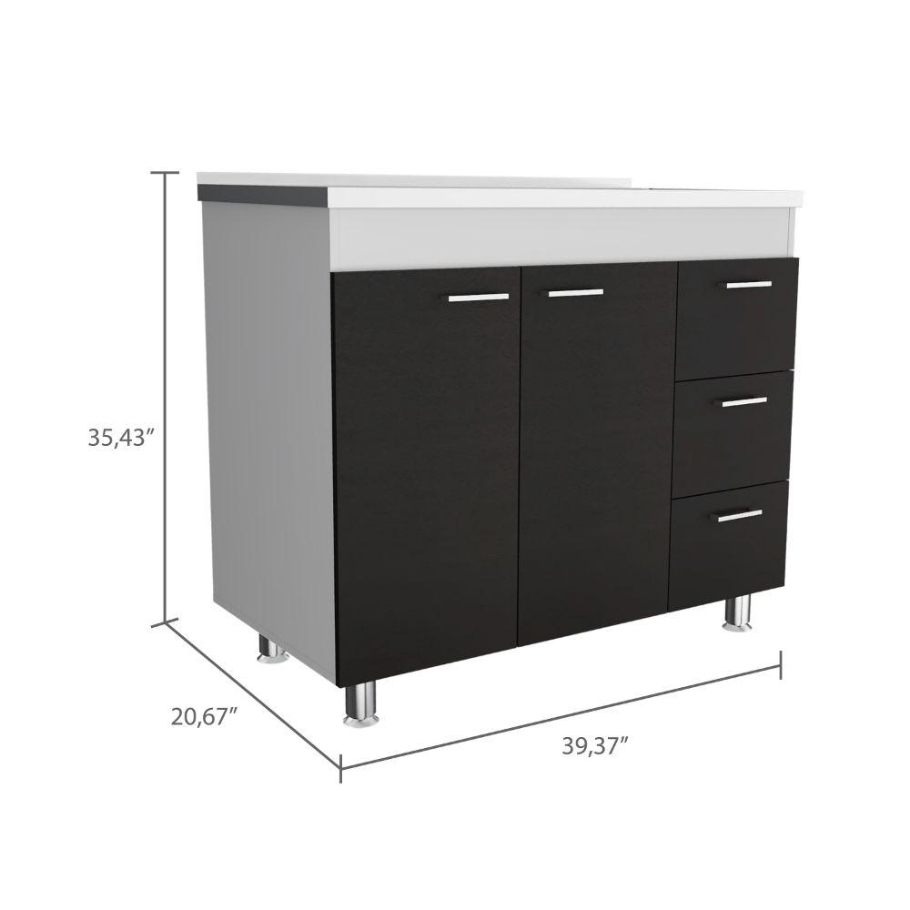 DEPOT E-SHOP Rushville Base Cabinet, Three Drawers, Two-Door Cabinet, Countertop, Four Legs-White-Black, For Kitchen. Picture 4