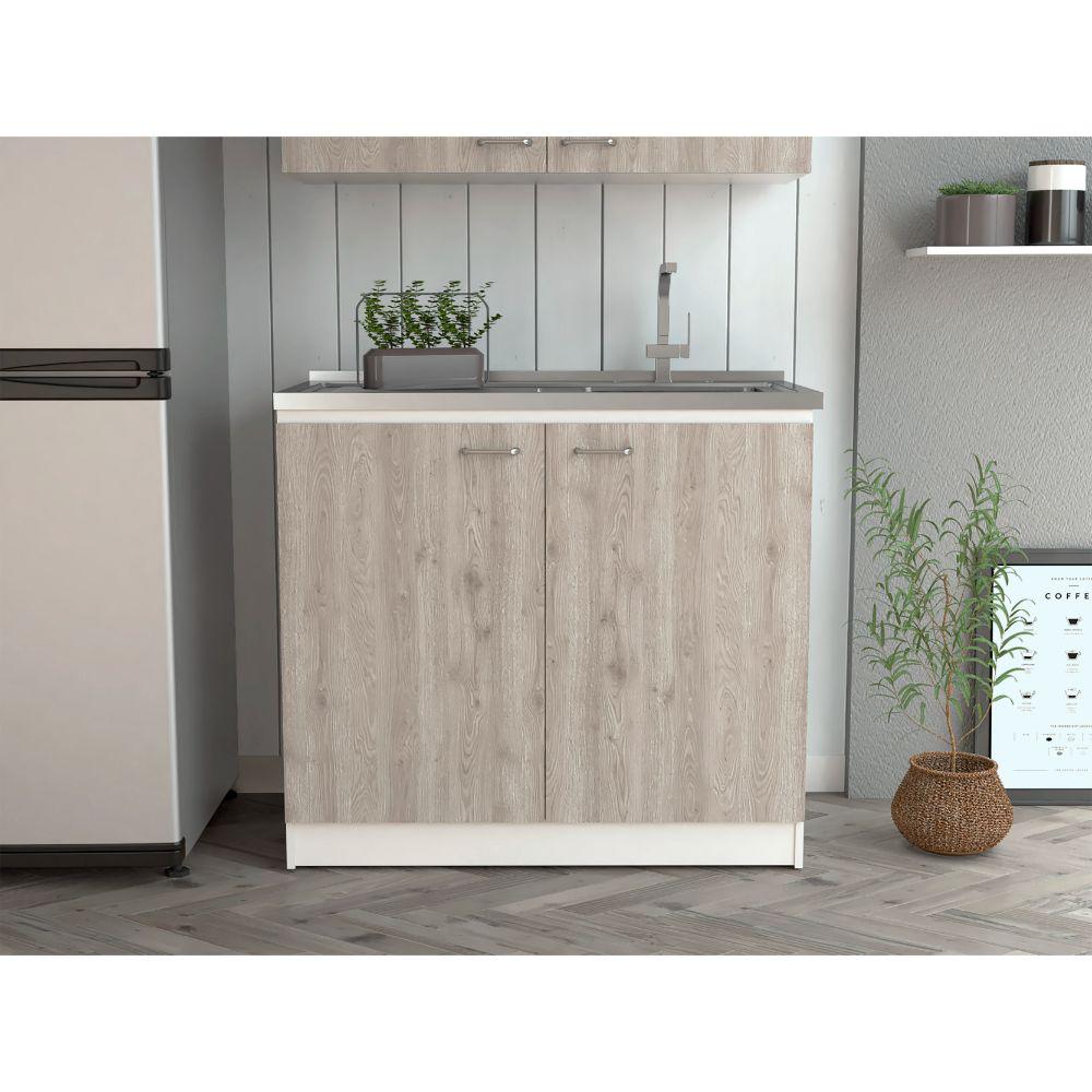 DEPOT E-SHOP Salento Freestanding Sink, Two-Door Cabinet, Countertop, Two Shelves- White/Light Grey, For Kitchen. Picture 5