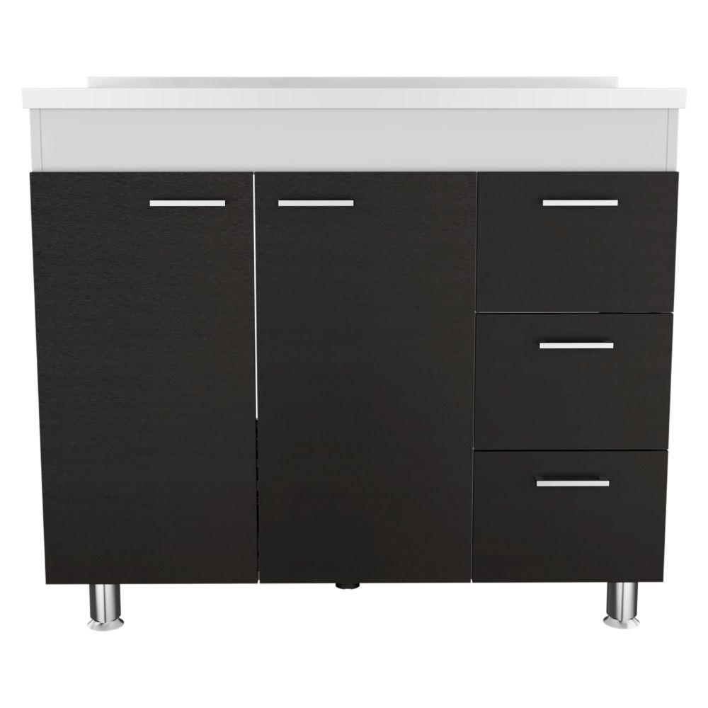 DEPOT E-SHOP Rushville Base Cabinet, Three Drawers, Two-Door Cabinet, Countertop, Four Legs-White-Black, For Kitchen. Picture 2