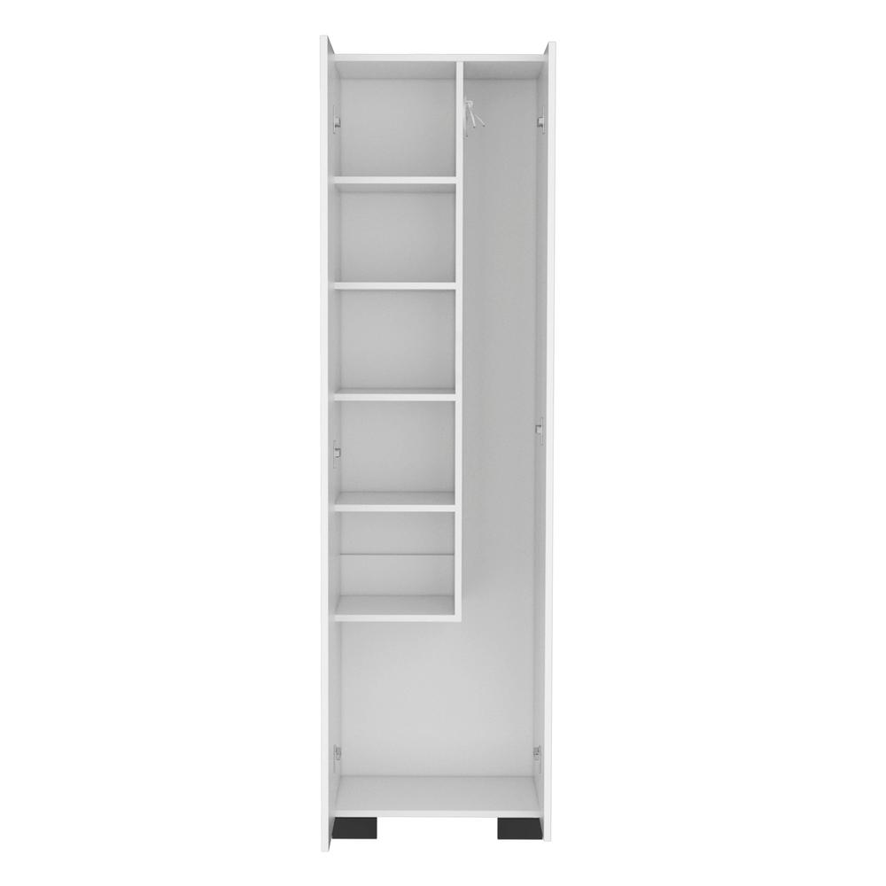 Broom Cabinet Double-Door Design with Inner Shelves and Side Hangers, White. Picture 1