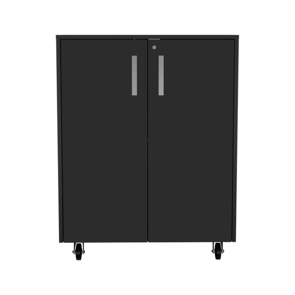 DEPOT E-SHOP Hartford Storage Cabinet, Two-Door Cabinet, Two Internal Shelves, Caster Wheels, Padlock With Key-Black, For Garage. Picture 2