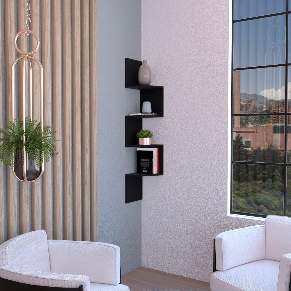 Roy Corner Floating Shelf, Modern 4-Tier Display, Black -Living Room. Picture 5