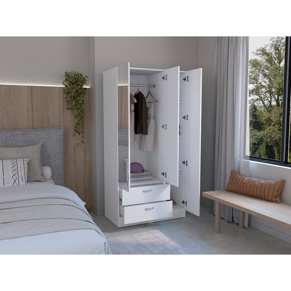 Twardrobe with 3 doors, one mirror, two drawers, four shelves,White. Picture 5