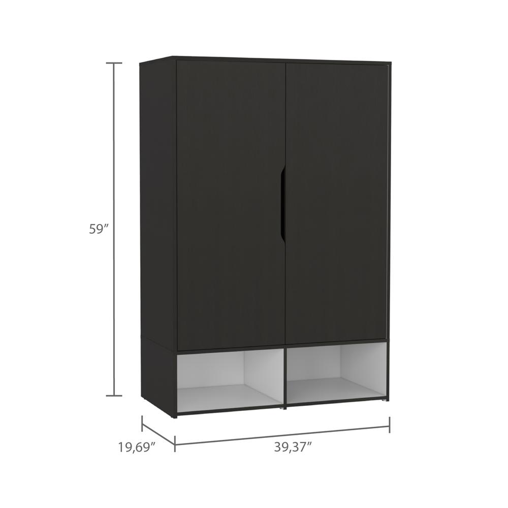 DEPOT E-SHOP Bamboo Armoire-Two Doors, Five Shelves, Hanging Rod, Two Open Shelves-Black/White, For Bedroom. Picture 4