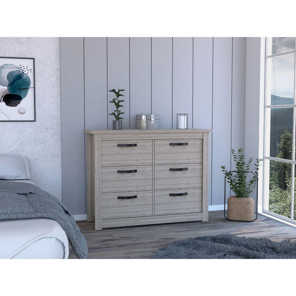 DEPOT E-SHOP Galena Six Drawer Double Dresser, Four Legs, Countertop, Metal Hardware-Light Grey, For Bedroom. Picture 1
