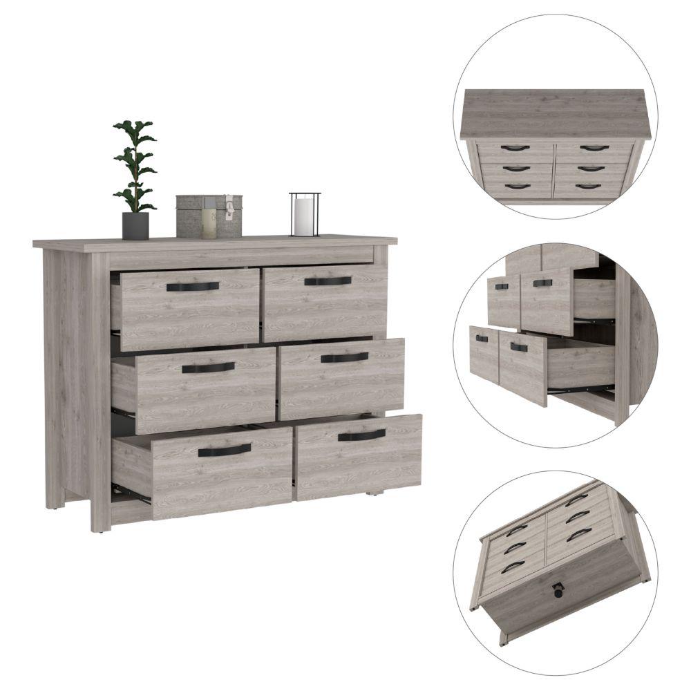 DEPOT E-SHOP Galena Six Drawer Double Dresser, Four Legs, Countertop, Metal Hardware-Light Grey, For Bedroom. Picture 3
