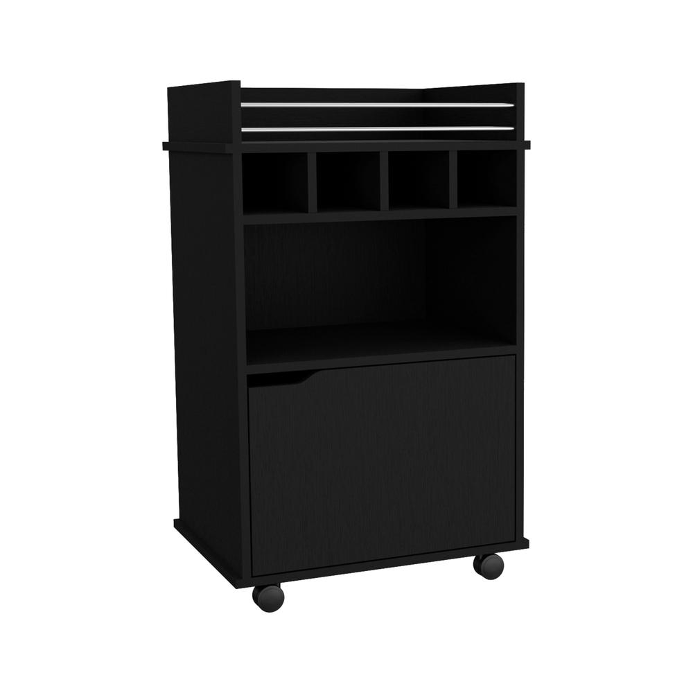 Sims 35" H Bar Cart with Two Shelves four Wine Cubbies and One Cabinet,Black. Picture 1