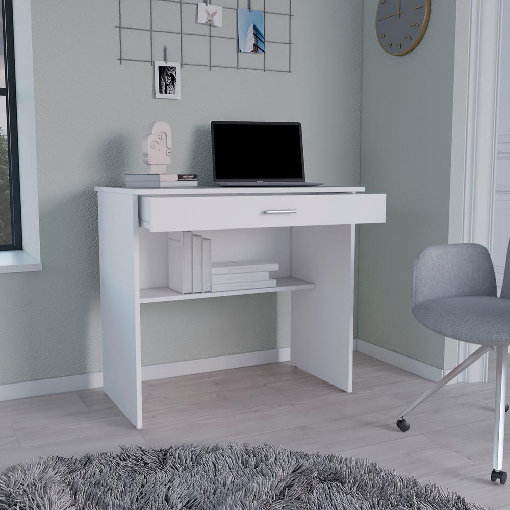 Montana Storage Desk, Spacious Stylish with Drawer and Shelf, White -Office. Picture 6