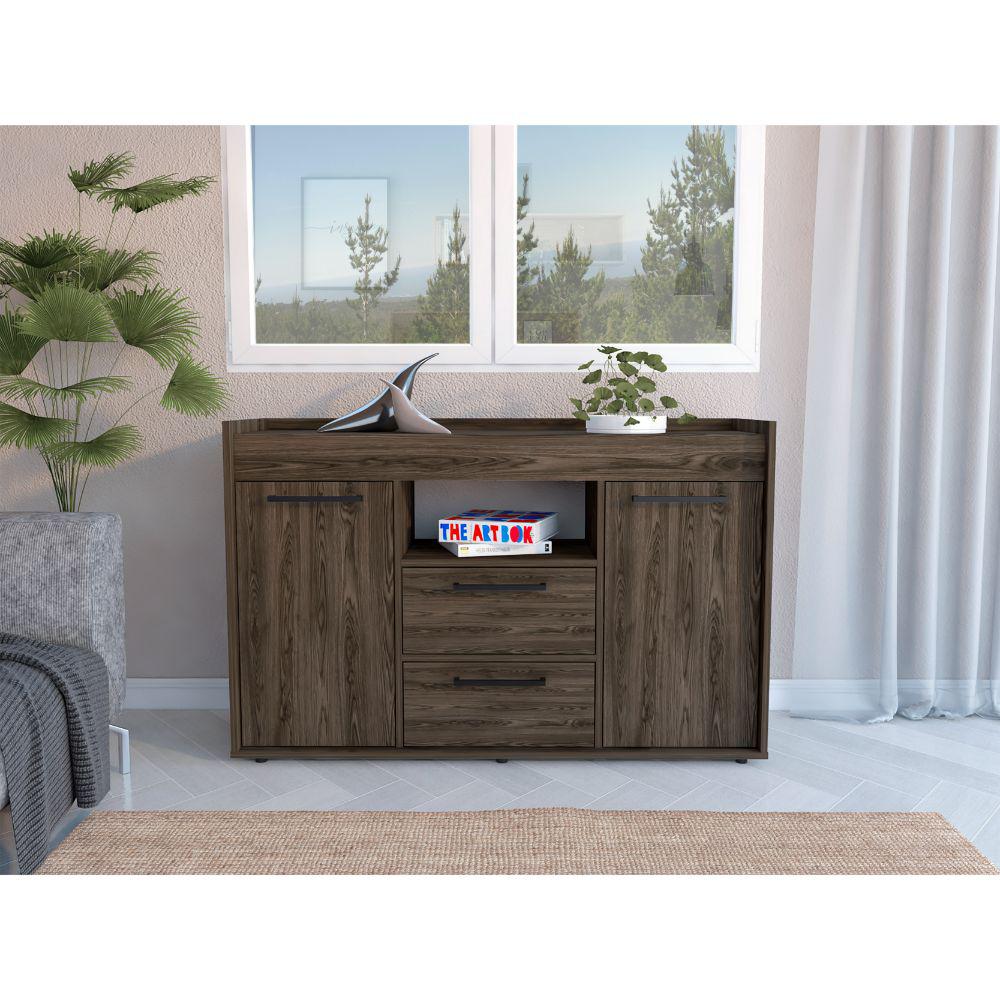 DEPOT E-SHOP Hart Sideboard. Two-Door Cabinet, One Open Shelf, Two Drawers, Countertop-Dark Walnut, For Living Room. Picture 2