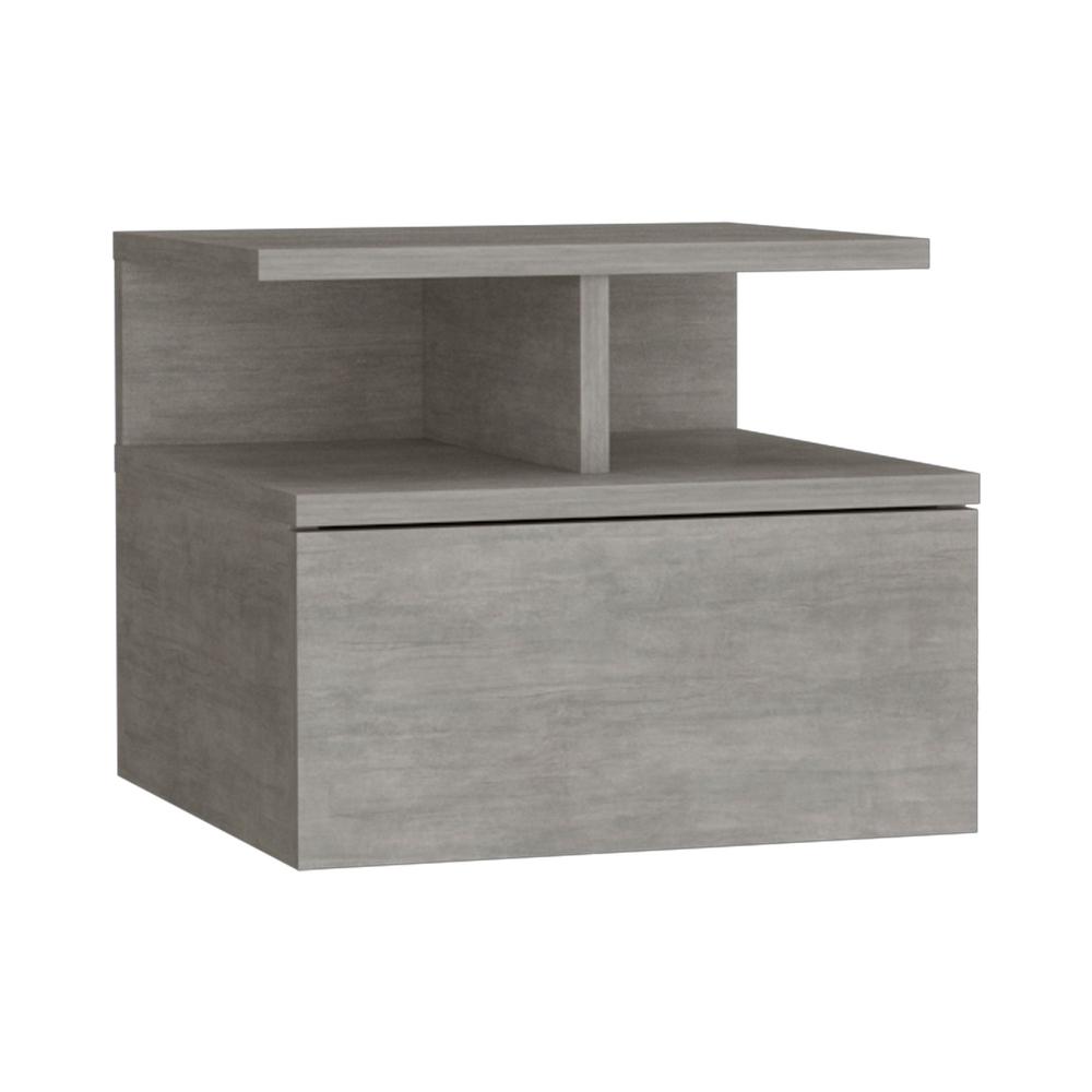 Nightstand, Wall Mounted Single Drawer and 2-Tier Shelf, Concrete Gray -Bedroom. Picture 1