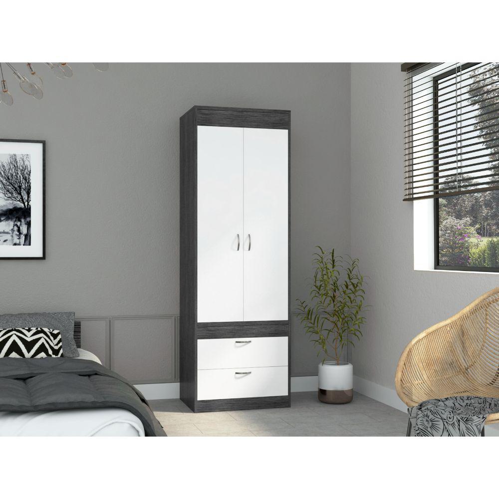 DEPOT E-SHOP Portugal Armoire, Two-Door Armoire, Two Drawers, Metal Handles, Rod, Smoky Oak/White, For Bedroom. Picture 2