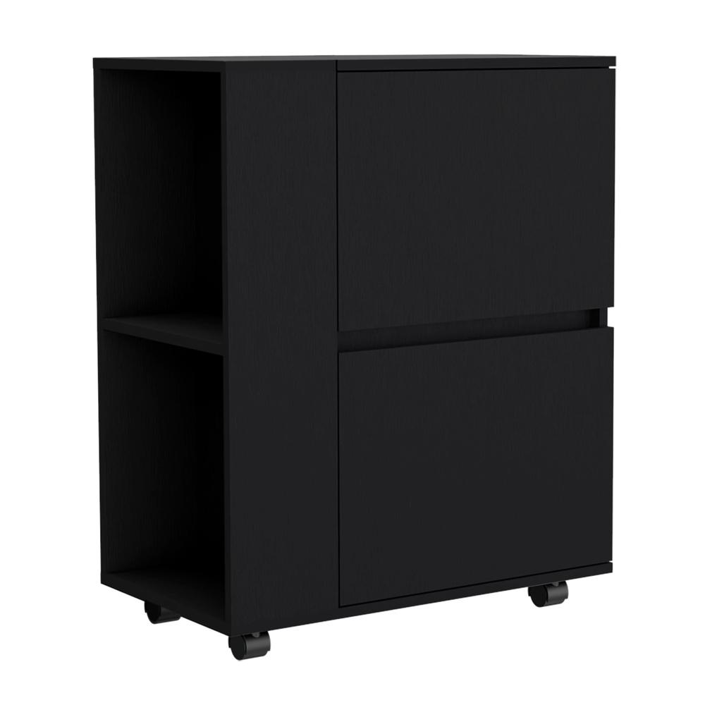 Tully Bar Cart Two Pull-Down Door Cabinets and Two Open Shelves,Black. Picture 1