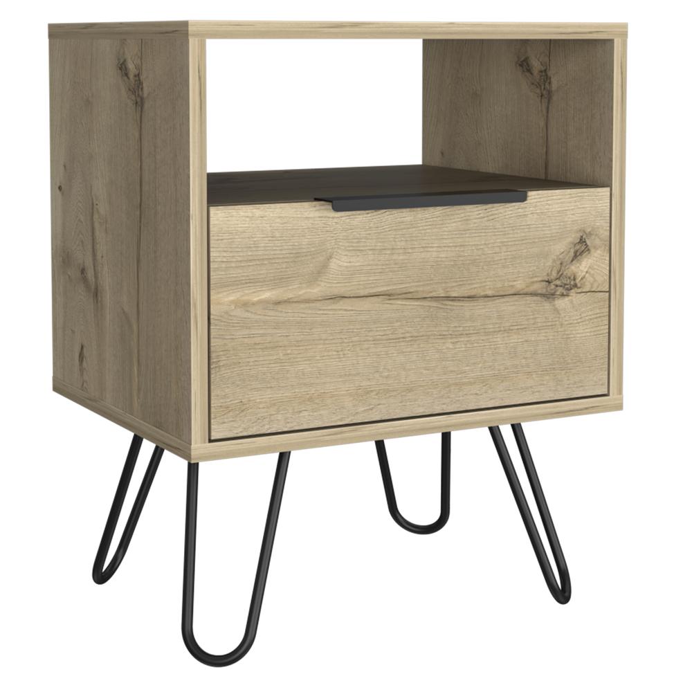 DEPOT E-SHOP Begonia Night Stand-Two Shelves, One-Door Drawer, Four Steel Legs-Light Oak, For Bedroom. Picture 2