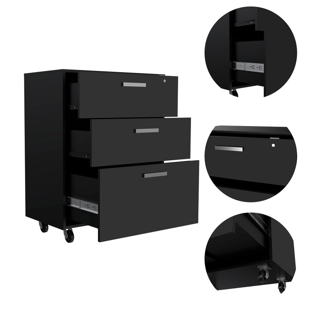 DEPOT E-SHOP Danbury Storage Cabinet-Drawer Base Cabinet, Three Drawers, Countertop, Four Caster Wheels -Black, For Office. Picture 4