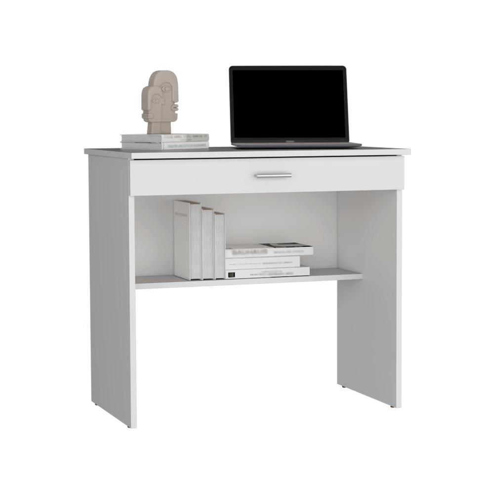 Montana Storage Desk, Spacious Stylish with Drawer and Shelf, White -Office. Picture 4