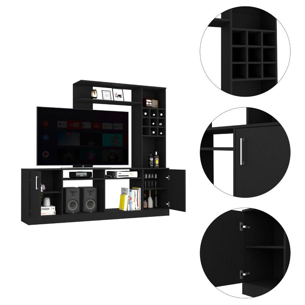 DEPOT E-SHOP King Entertainment Center, Two-Door Cabinet, Storage Spaces, Six External Shelves-Black, For Living Room. Picture 3