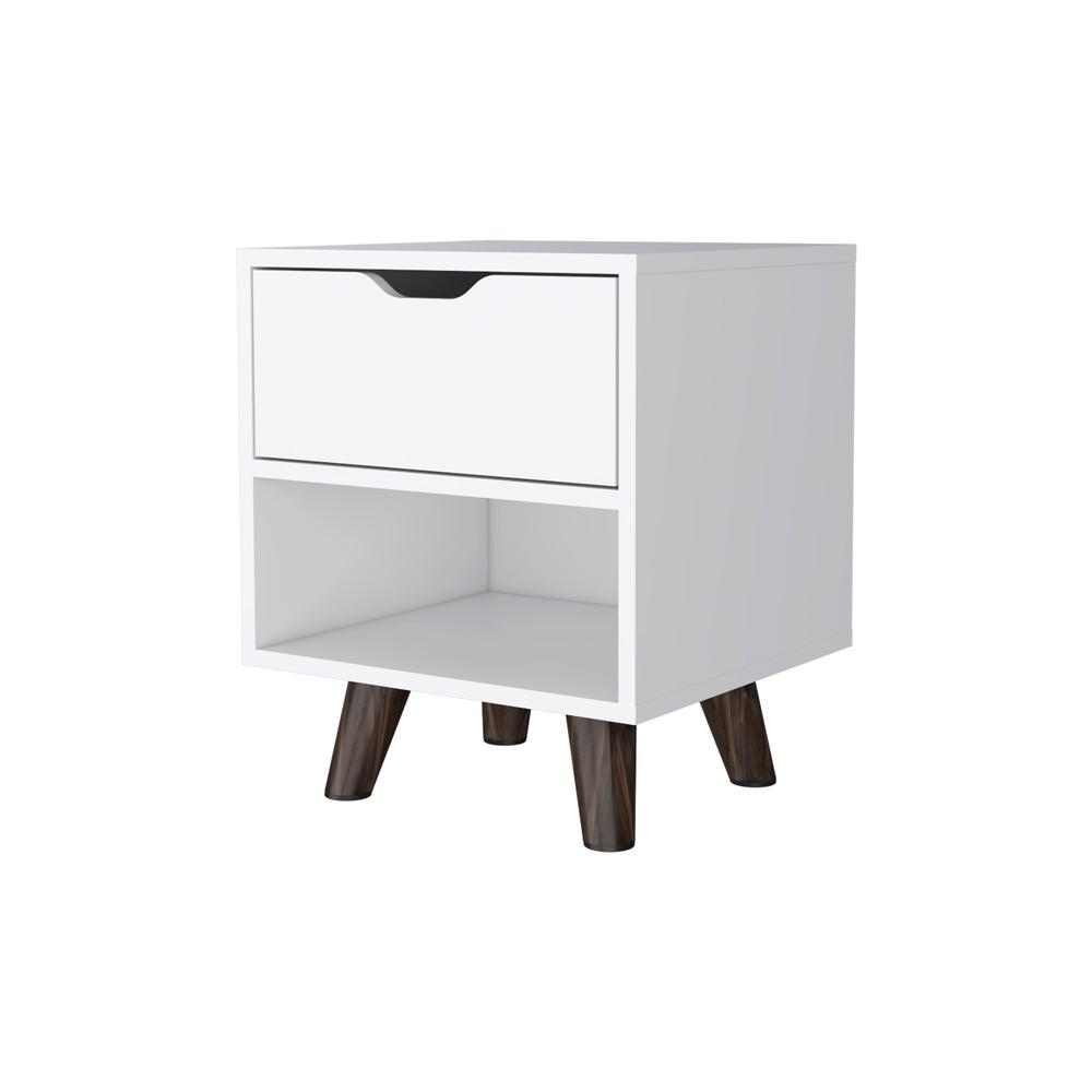 Nightstand with Spacious Drawer, Open Storage Shelf and Chic Wooden Legs, White. Picture 1